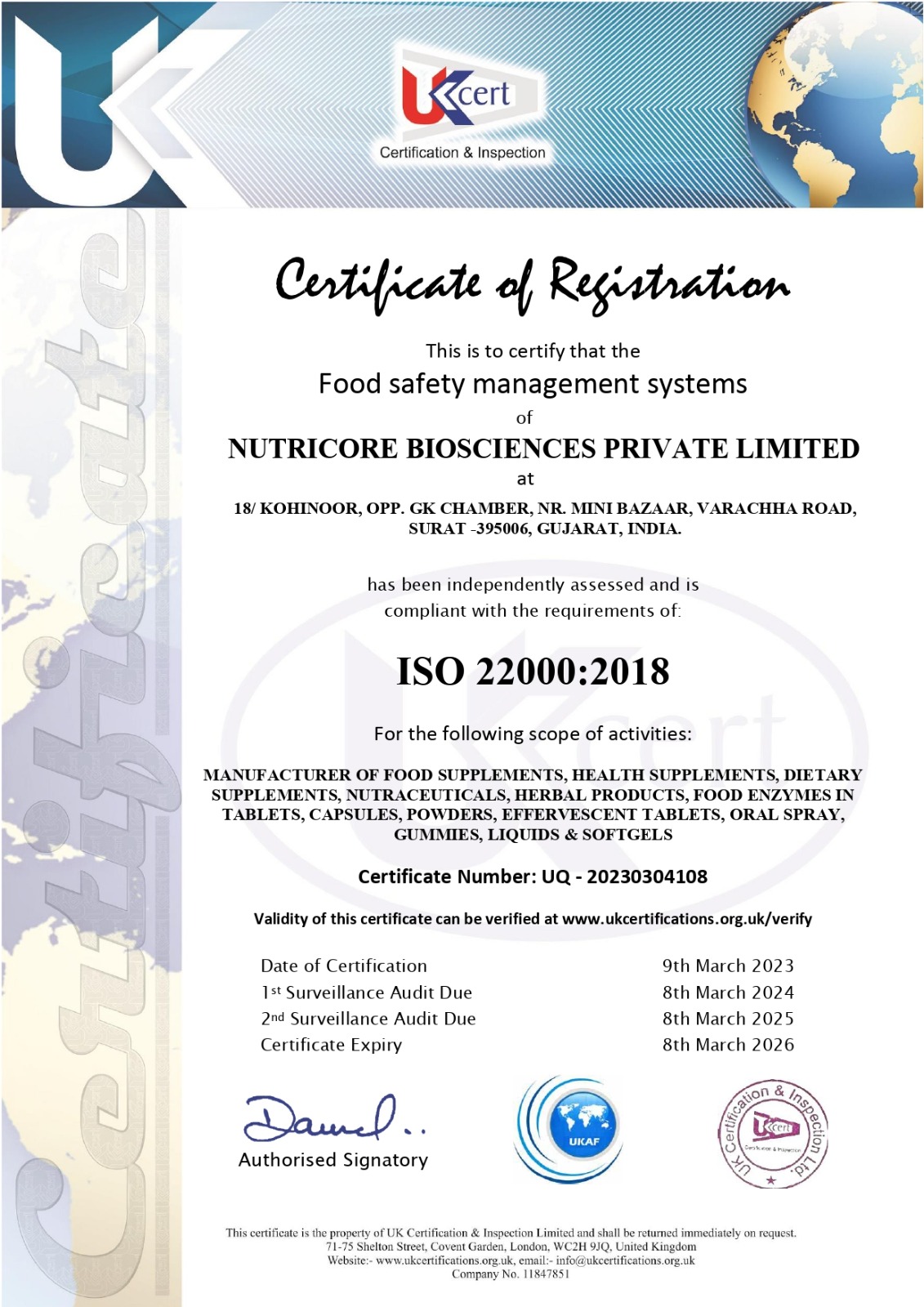 certificate of registration food safety management system